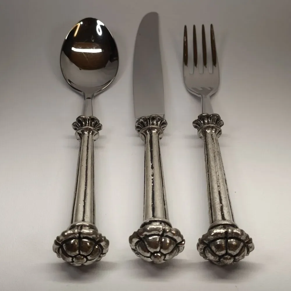 Italian 95 % Pewter Handle Flatware 3 Piece Place Setting 18/10 Stainless Steel